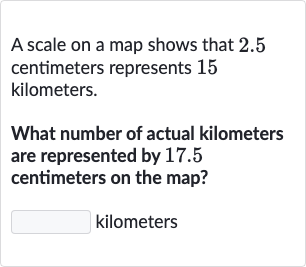 A scale on a map shows that 2.5 centimeters represents 15 kilometers.
What number of actual kilometers are represented by 17.5 centimeters on the map?

◻ kilometers