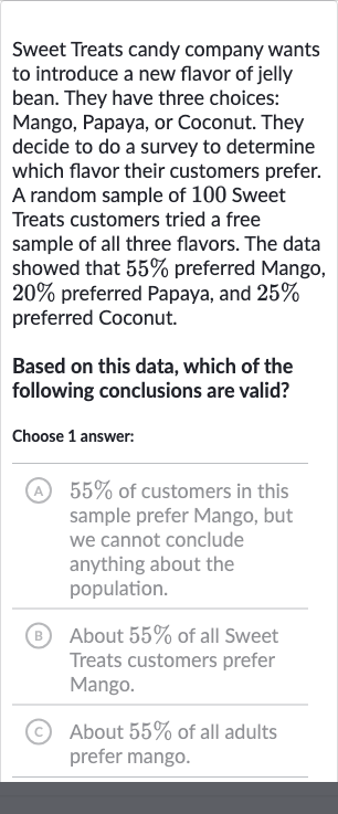 Sweet Treats candy company wants to introduce a new flavor of jelly bean. They have three choices: Mango, Papaya, or Coconut. They decide to do a survey to determine which flavor their customers prefer. A random sample of 100 Sweet Treats customers tried a free sample of all three flavors. The data showed that 
55% preferred Mango, 
20% preferred Papaya, and 
25% preferred Coconut.
Based on this data, which of the following conclusions are valid?
Choose 1 answer:
A 
55% of customers in this sample prefer Mango, but we cannot conclude anything about the population.
(B) About 
55% of all Sweet Treats customers prefer Mango.
(C) About 
55% of all adults prefer mango.