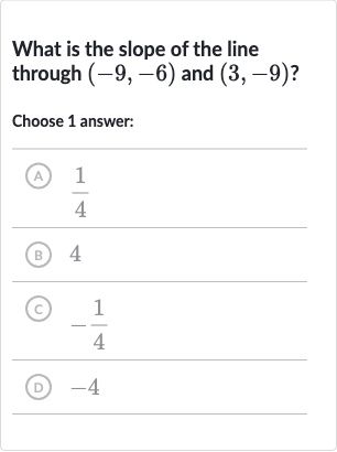 What is the slope of the line through 
(-9,-6) and 
(3,-9) ?
Choose 1 answer:
(A) 
(1)/(4)
(B) 4
(c) 
-(1)/(4)
(D) -4