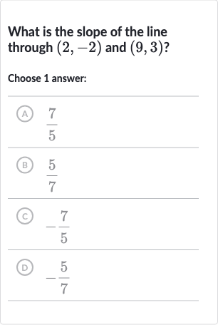 What is the slope of the line through 
(2,-2) and 
(9,3) ?
Choose 1 answer:
(A) 
(7)/(5)
(B) 
(5)/(7)
(C) 
-(7)/(5)
(D) 
-(5)/(7)