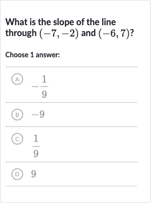 What is the slope of the line through 
(-7,-2) and 
(-6,7) ?
Choose 1 answer:
(A) 
-(1)/(9)
(B) -9
(C) 
(1)/(9)
(D) 9
