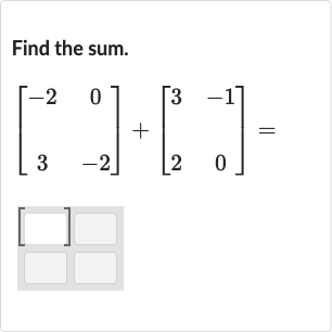 Find the sum.

[[-2,0],[3,-2]]+[[3,-1],[2,0]]=