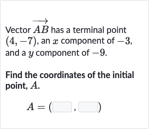 Vector 
vec(AB) has a terminal point 
(4,-7), an 
x component of -3 , and a 
y component of -9 .
Find the coordinates of the initial point, 
A.

A=(◻,◻)